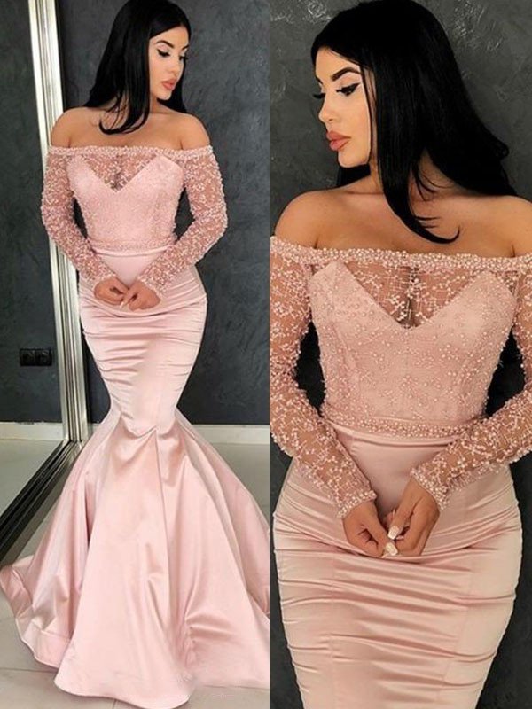 Trumpet/Mermaid Long Sleeves Off-the-Shoulder Sweep/Brush Train Ruffles Satin Dresses DFP0001836