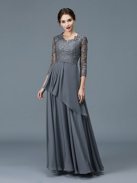 A-Line/Princess V-neck 3/4 Sleeves Ruffles Chiffon Floor-Length Mother of the Bride Dresses DFP0007295