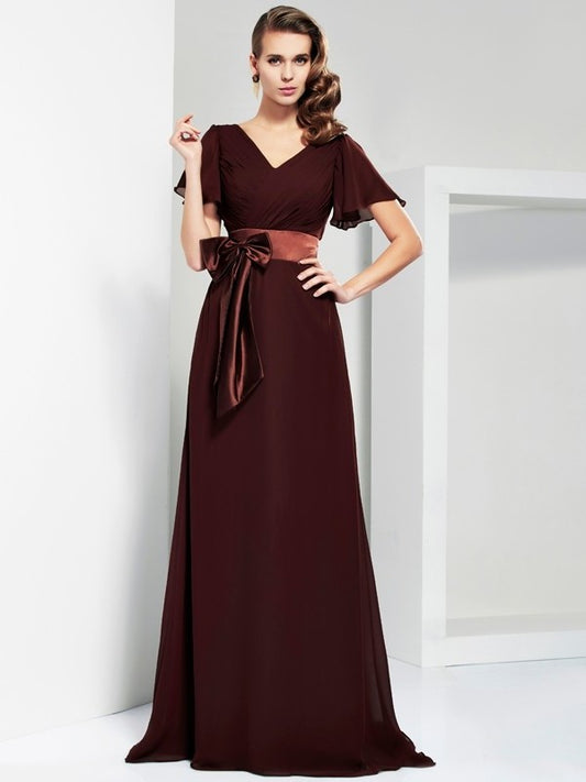 A-Line/Princess V-neck Short Sleeves Sash/Ribbon/Belt Long Chiffon Mother of the Bride Dresses DFP0007384