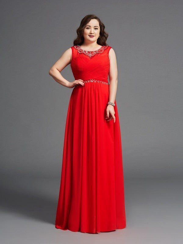 A-Line/Princess Scoop Beading Sleeveless Long Chiffon Plus Size Dresses DFP0003655