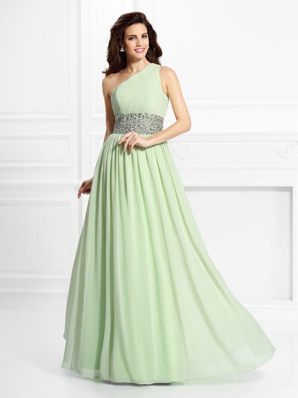 A-Line/Princess One-Shoulder Beading Sleeveless Long Chiffon Dresses DFP0004458