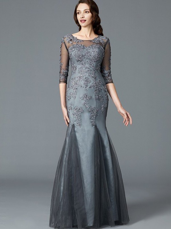 Sheath/Column Scoop Applique 1/2 Sleeves Tulle Floor-Length Mother of the Bride Dresses DFP0007147