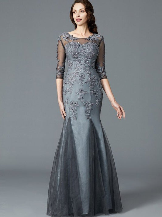 Sheath/Column Scoop Applique 1/2 Sleeves Tulle Floor-Length Mother of the Bride Dresses DFP0007147