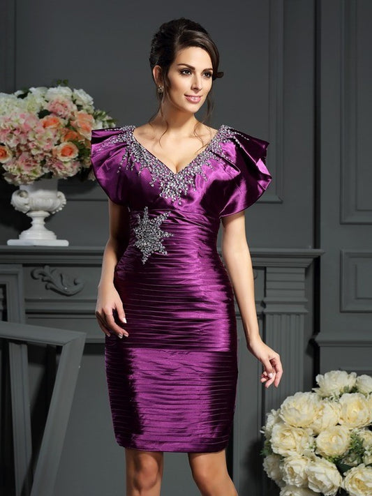 Sheath/Column V-neck Beading Sleeveless Short Elastic Woven Satin Mother of the Bride Dresses DFP0007381