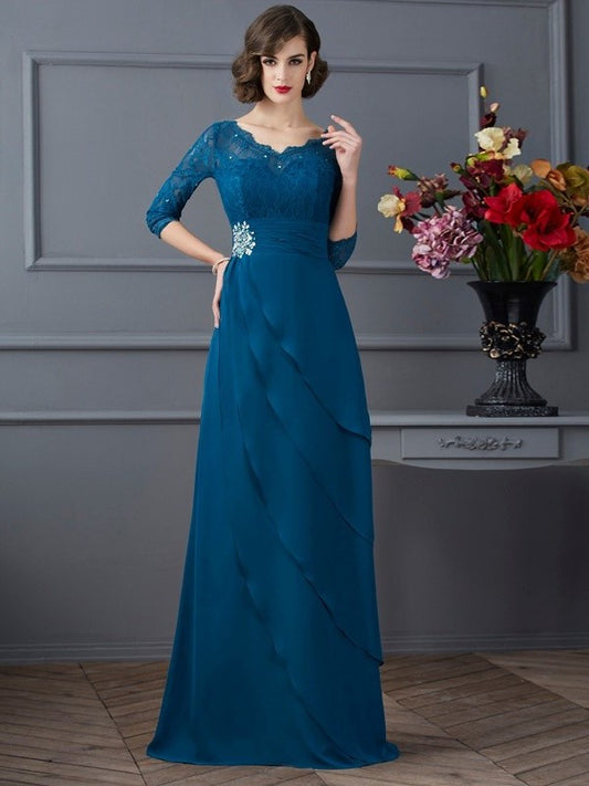 A-Line/Princess V-neck 3/4 Sleeves Long Chiffon Mother of the Bride Dresses DFP0007117