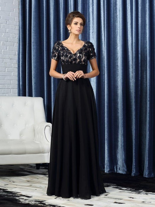 A-Line/Princess V-neck Short Sleeves Long Chiffon Mother of the Bride Dresses DFP0007144