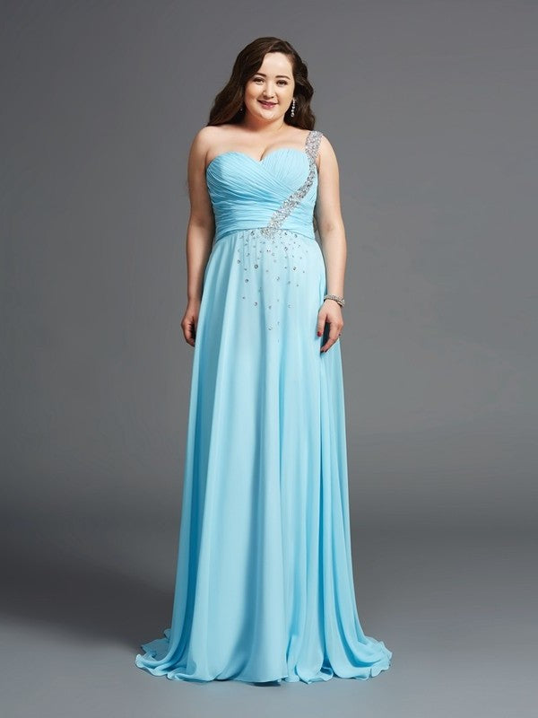 A-Line/Princess One-Shoulder Rhinestone Sleeveless Long Chiffon Plus Size Dresses DFP0004207