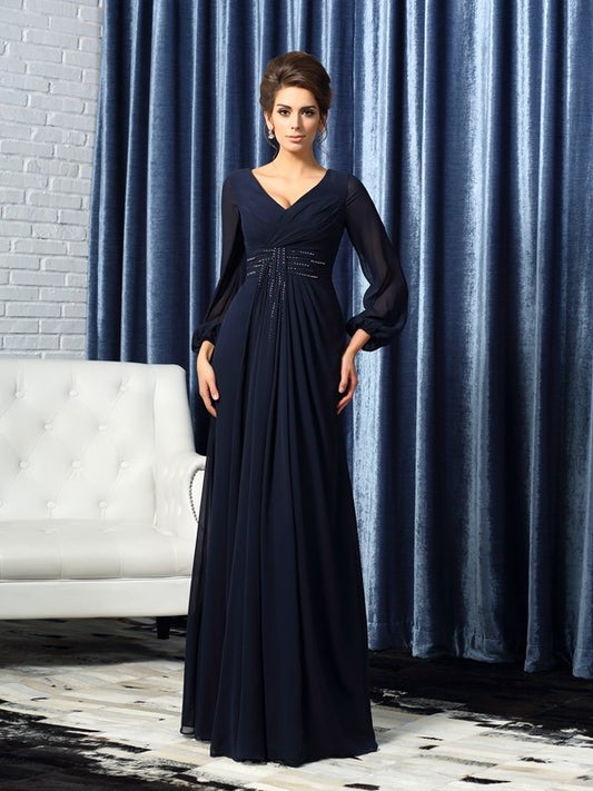 A-Line/Princess V-neck Beading Long Sleeves Long Chiffon Mother of the Bride Dresses DFP0007166