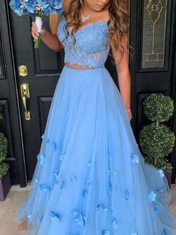 A-Line/Princess Tulle Off-the-Shoulder Applique Sleeveless Floor-Length Dresses DFP0001878