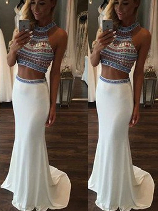 Trumpet/Mermaid Sleeveless Halter Beading Sweep/Brush Train Spandex Two Piece Dresses DFP0002154