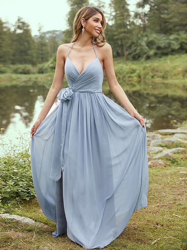 A-Line/Princess Chiffon Ruffles V-neck Sleeveless Sweep/Brush Train Bridesmaid Dresses DFP0004979