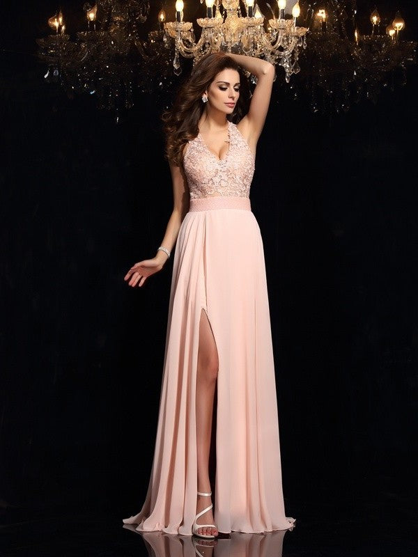 A-Line/Princess Halter Lace Sleeveless Long Chiffon Dresses DFP0001882