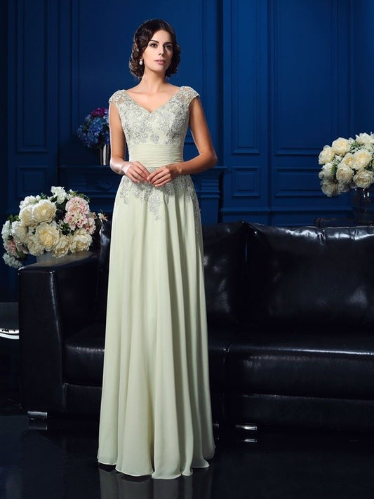 A-Line/Princess V-neck Applique Sleeveless Long Chiffon Mother of the Bride Dresses DFP0007174