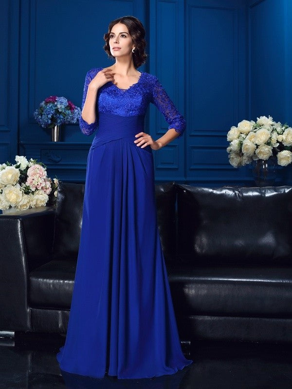 A-Line/Princess V-neck Applique 3/4 Sleeves Long Chiffon Mother of the Bride Dresses DFP0007278