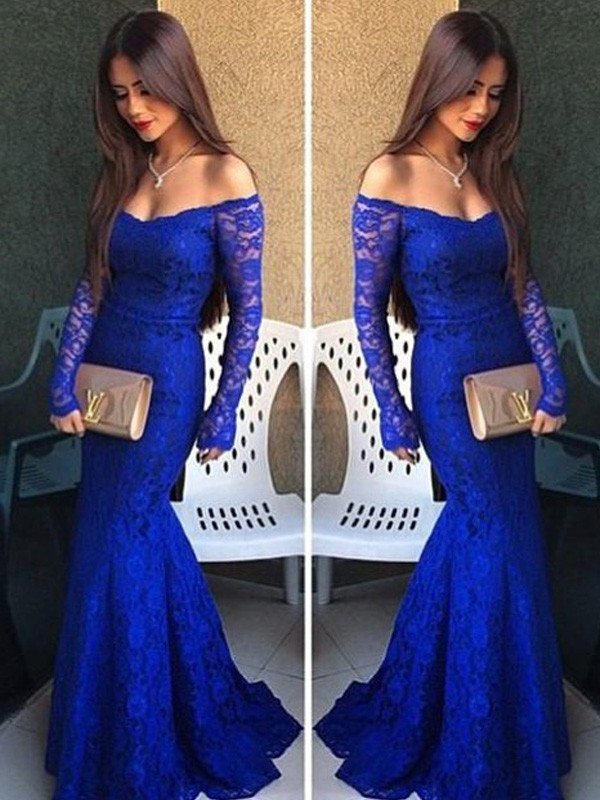 Trumpet/Mermaid Off-the-Shoulder Long Sleeves Lace Sweep/Brush Train Dresses DFP0002089