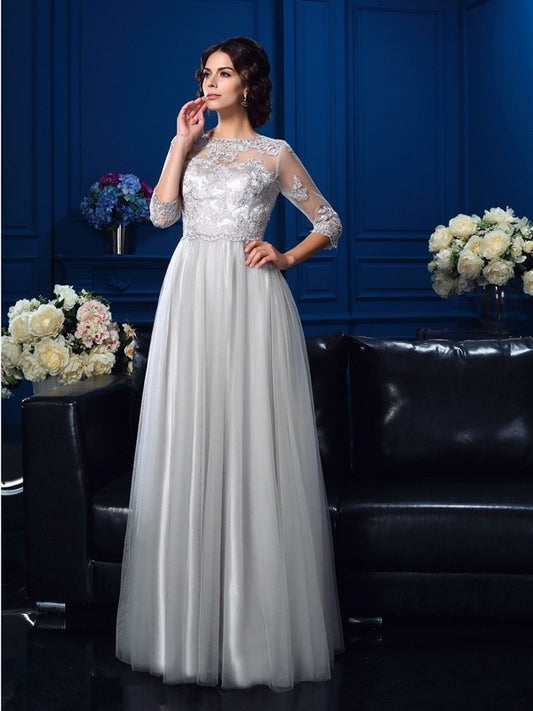 A-Line/Princess Scoop Applique 3/4 Sleeves Long Elastic Woven Satin Mother of the Bride Dresses DFP0007198