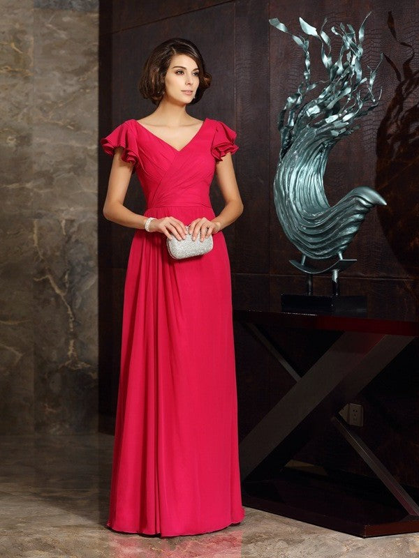 A-Line/Princess V-neck Ruched Short Sleeves Long Chiffon Mother of the Bride Dresses DFP0007254