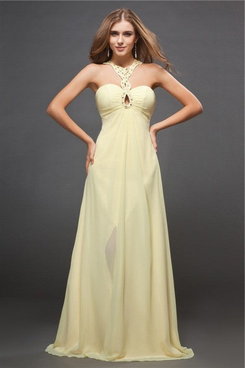 Sheath/Column Halter Beading Sleeveless Long Chiffon Dresses DFP0004502