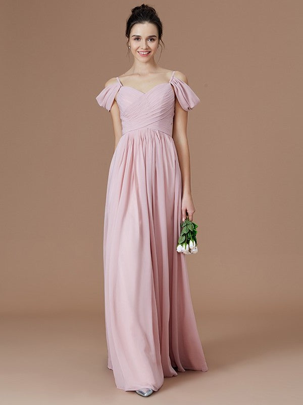 A-Line/Princess Off-the-Shoulder Sleeveless Ruched Floor-Length Chiffon Bridesmaid Dresses DFP0005324