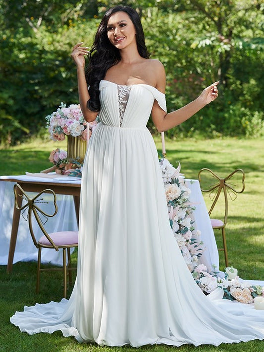 A-Line/Princess Chiffon Ruffles Off-the-Shoulder Sleeveless Sweep/Brush Train Wedding Dresses DFP0006516