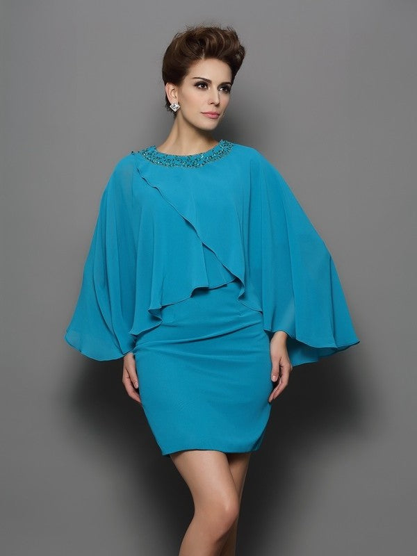 Sheath/Column Scoop Beading Long Sleeves Short Silk like Satin Mother of the Bride Dresses DFP0007434