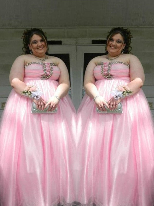 A-Line/Princess Strapless Sleeveless Beading Floor-Length Satin Plus Size Dresses DFP0004095