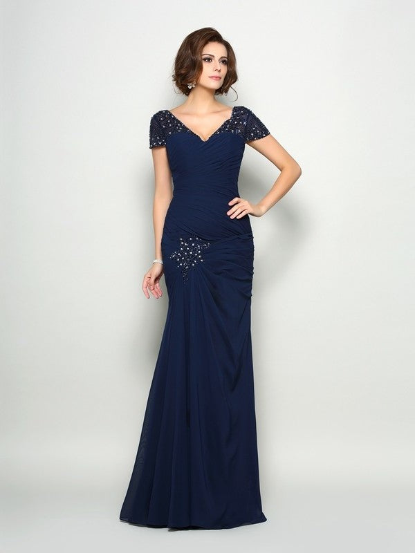 Trumpet/Mermaid V-neck Beading Short Sleeves Long Chiffon Mother of the Bride Dresses DFP0007263