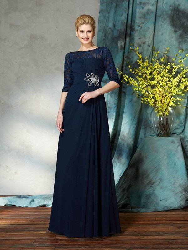 A-Line/Princess Bateau Beading 1/2 Sleeves Long Chiffon Mother of the Bride Dresses DFP0007338