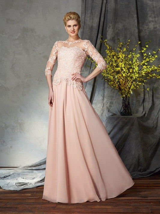 A-Line/Princess Scoop Applique 3/4 Sleeves Long Chiffon Mother of the Bride Dresses DFP0007131