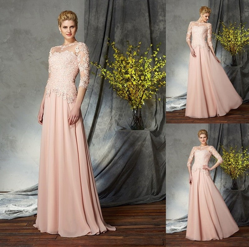 A-Line/Princess Scoop Applique 3/4 Sleeves Long Chiffon Mother of the Bride Dresses DFP0007131