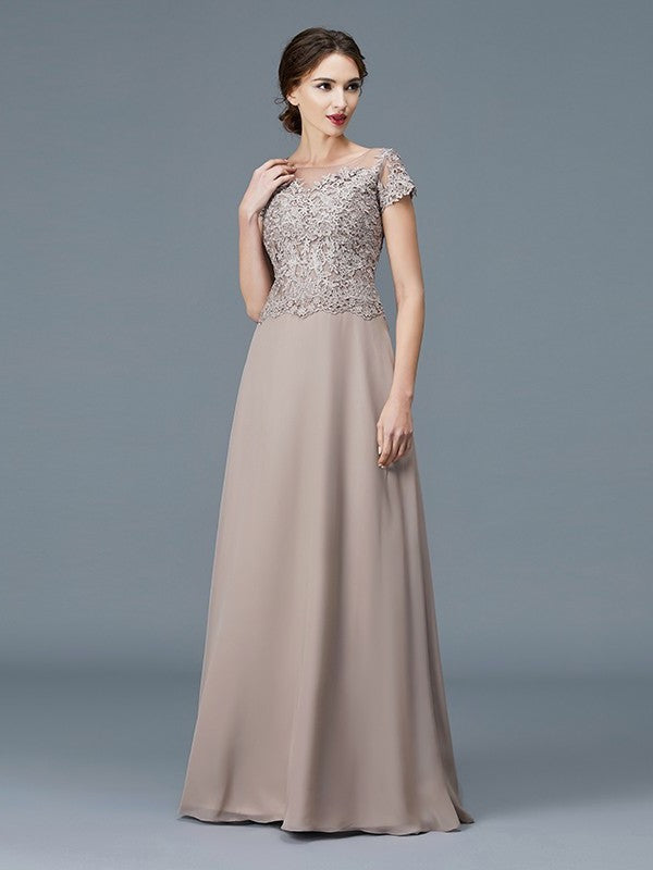 A-Line/Princess Scoop Short Sleeves Applique Floor-Length Chiffon Mother of the Bride Dresses DFP0007275