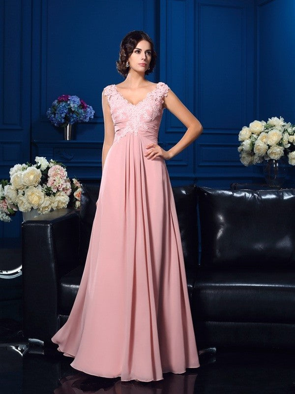 A-Line/Princess V-neck Applique Sleeveless Long Chiffon Mother of the Bride Dresses DFP0007183