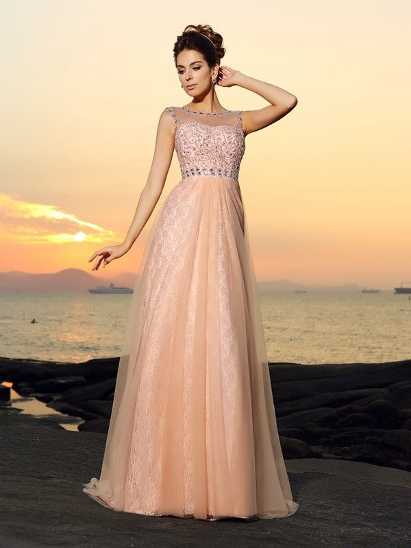 A-Line/Princess Bateau Lace Sleeveless Long Chiffon Dresses DFP0002648