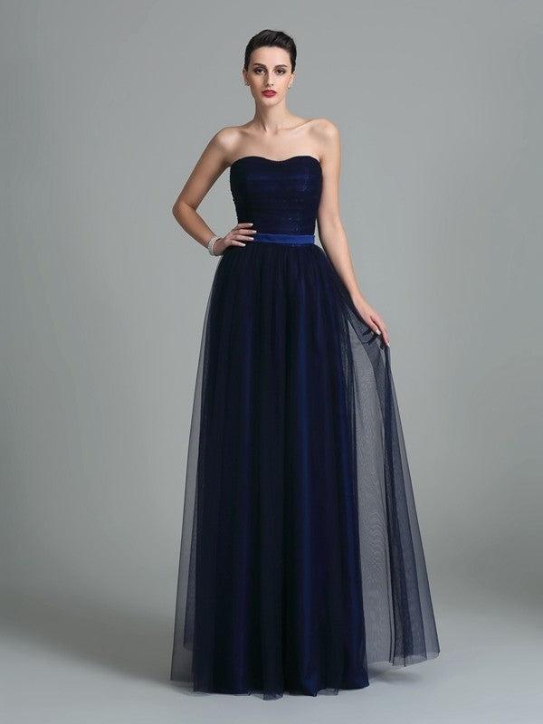 A-Line/Princess Sweetheart Ruffles Sleeveless Long Net Bridesmaid Dresses DFP0005472