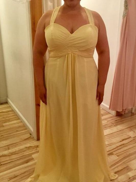 A-Line/Princess Halter Sleeveless Ruched Floor-Length Chiffon Plus Size Dresses DFP0003903