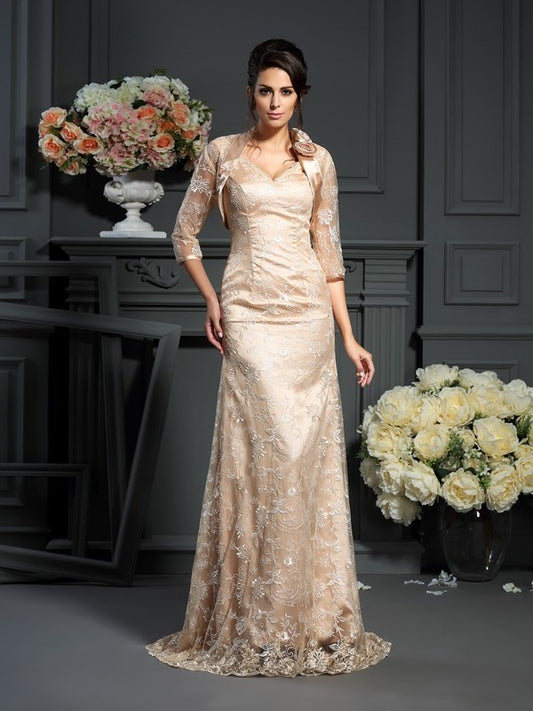 A-Line/Princess V-neck Lace Sleeveless Long Elastic Woven Satin Mother of the Bride Dresses DFP0007061