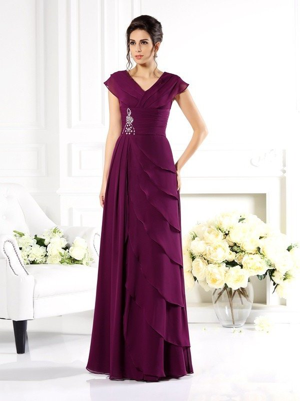 A-Line/Princess V-neck Short Sleeves Long Chiffon Mother of the Bride Dresses DFP0007202