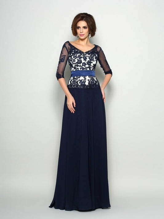 A-Line/Princess V-neck Beading 1/2 Sleeves Long Chiffon Mother of the Bride Dresses DFP0007408