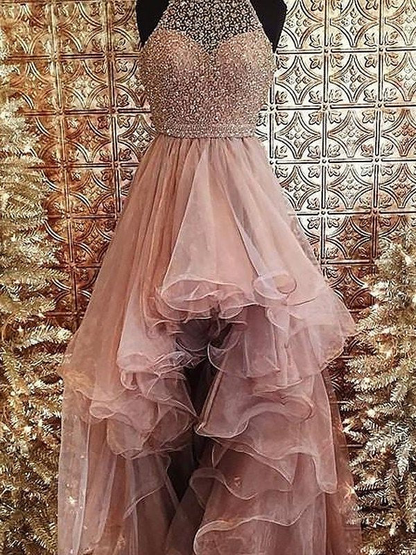 Ball Gown Halter Sleeveless Beading Sweep/Brush Train Tulle Dresses DFP0001796