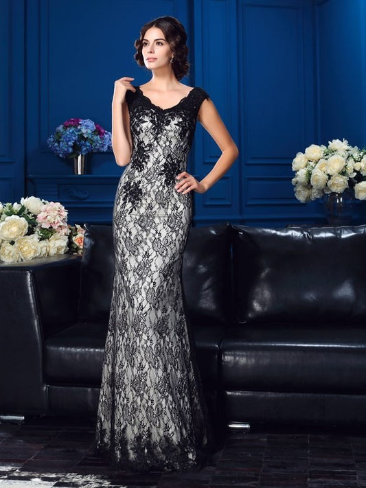 Sheath/Column V-neck Lace Sleeveless Long Satin Mother of the Bride Dresses DFP0007343