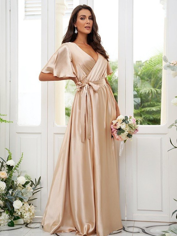 A-Line/Princess Silk like Satin Sash/Ribbon/Belt V-neck Short Sleeves Floor-Length Bridesmaid Dresses DFP0004897