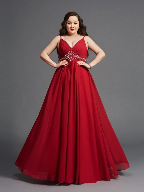 A-Line/Princess Spaghetti Straps Beading Sleeveless Long Chiffon Plus Size Dresses DFP0002460