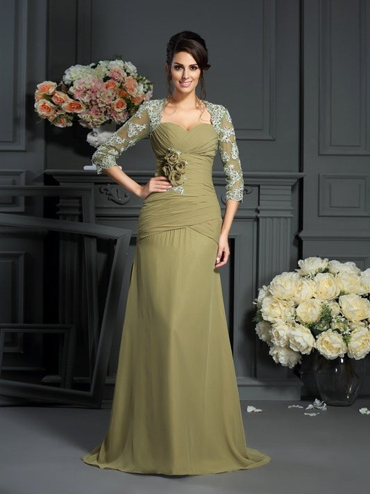 A-Line/Princess Sweetheart Hand-Made Flower 1/2 Sleeves Long Chiffon Mother of the Bride Dresses DFP0007064