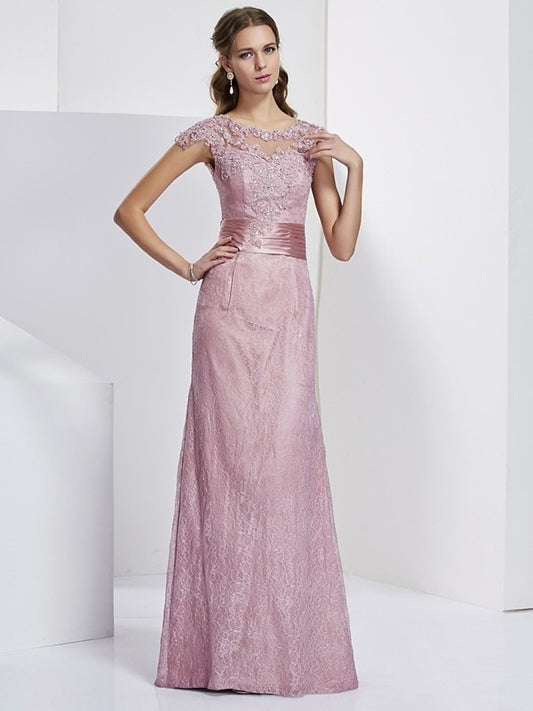 Sheath/Column High Neck Short Sleeves Lace Long Elastic Woven Satin Mother of the Bride Dresses DFP0007312