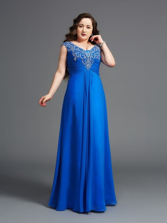 A-Line/Princess Straps Beading Short Sleeves Long Chiffon Plus Size Dresses DFP0003124