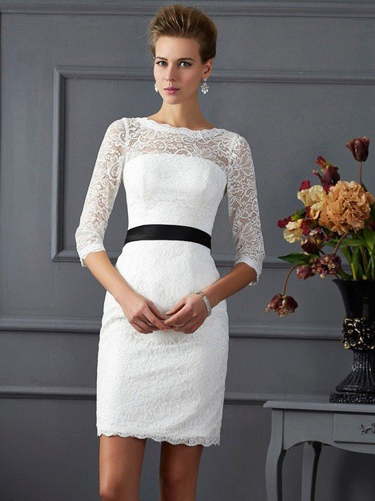 Sheath/Column Scoop 3/4 Sleeves Sash/Ribbon/Belt Short Lace Mother of the Bride Dresses DFP0007194