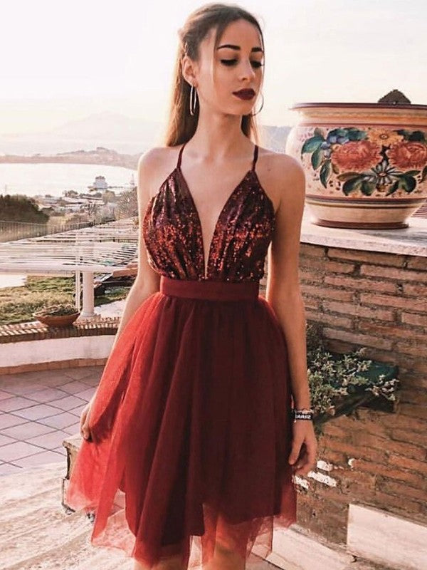 A-Line/Princess Tulle Sequin Spaghetti Straps Sleeveless Short/Mini Homecoming Dresses DFP0003959