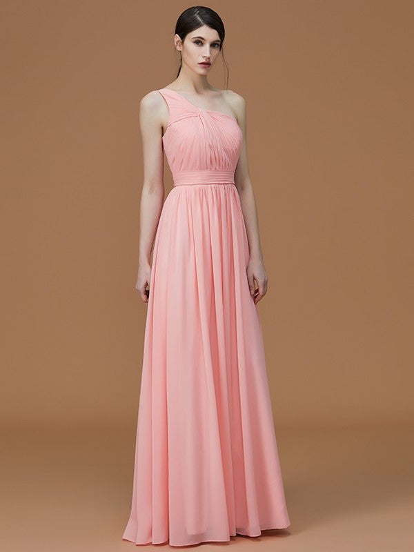 A-Line/Princess One-Shoulder Sleeveless Floor-Length Ruched Chiffon Bridesmaid Dresses DFP0005701