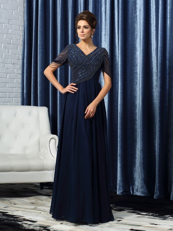 A-Line/Princess V-neck Short Sleeves Long Chiffon Mother of the Bride Dresses DFP0007151