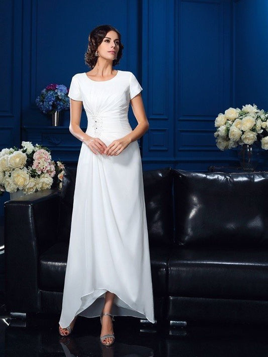 A-Line/Princess Scoop Short Sleeves High Low Chiffon Mother of the Bride Dresses DFP0007119